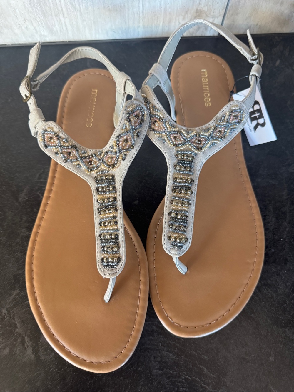 Maurices | Beaded T-Strap Sandals - Beige/Tan | 9 - Picture 2 of 4